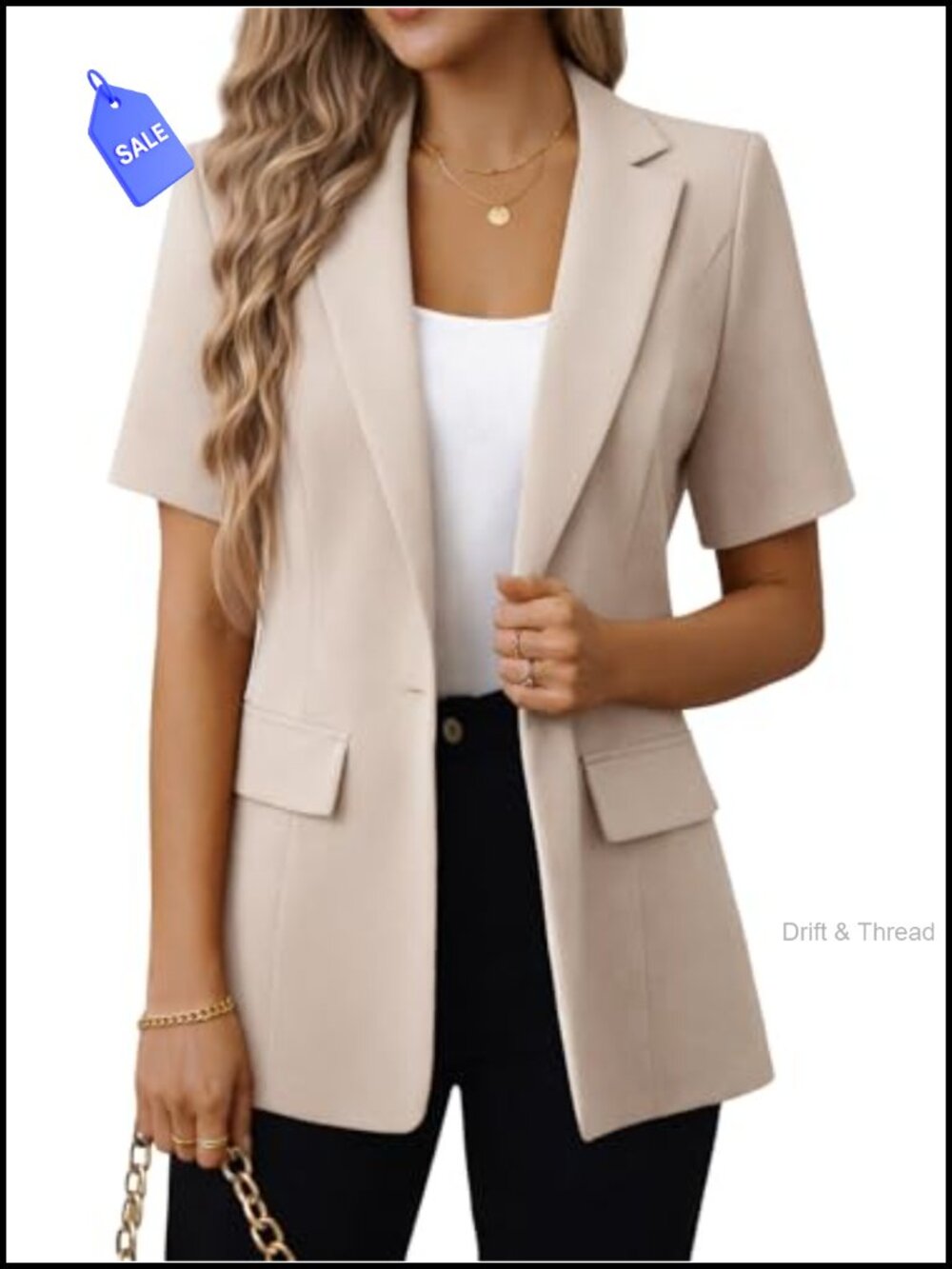 Women's Short Sleeve Blazer Open Front Lightweight Work Casual Pocket
